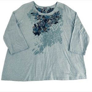 Laura Scott 3/4 Sleeve Blue Heather Graphic Tee Size 1X